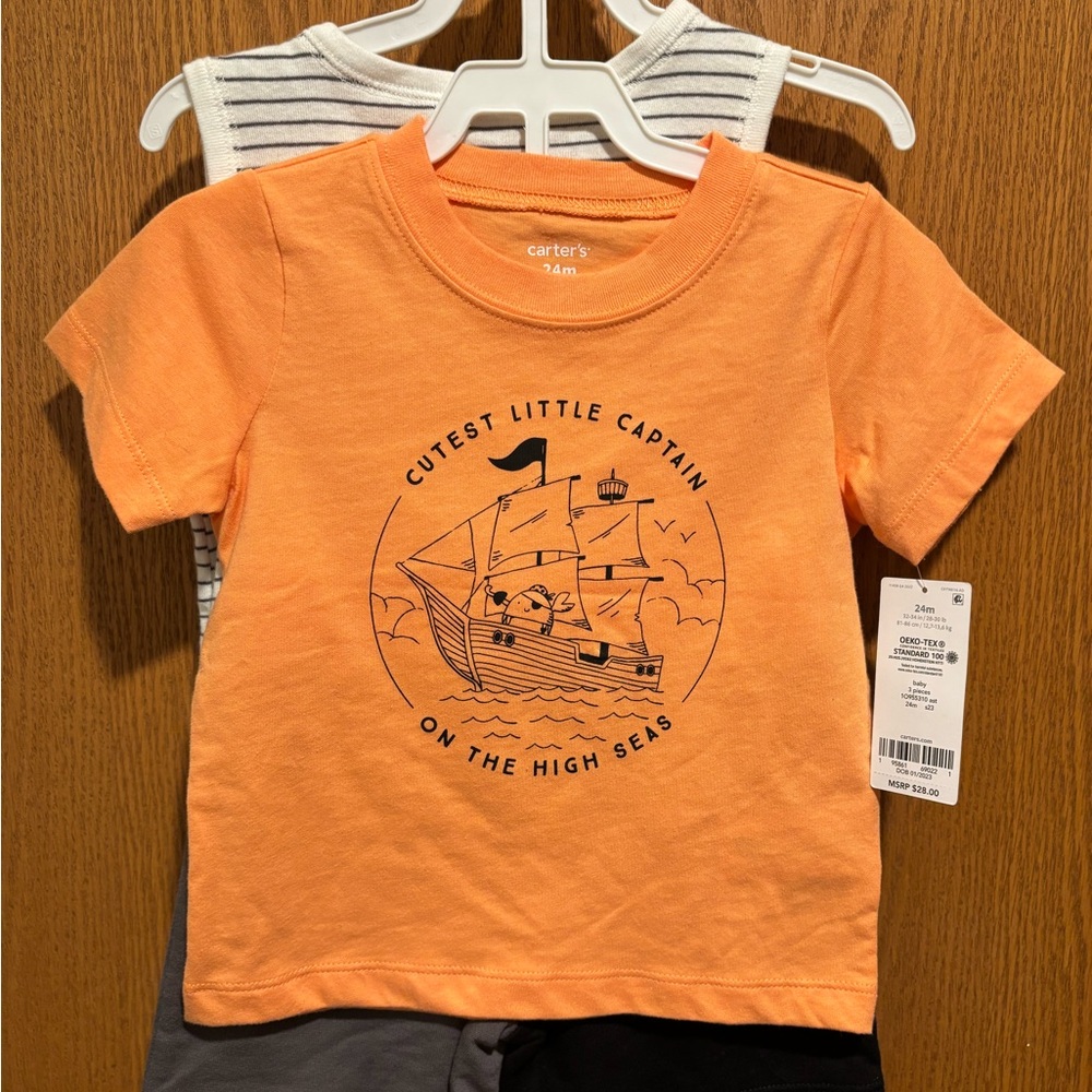 Carter's Tee, Striped Bodysuit & Colorblock Shorts Set